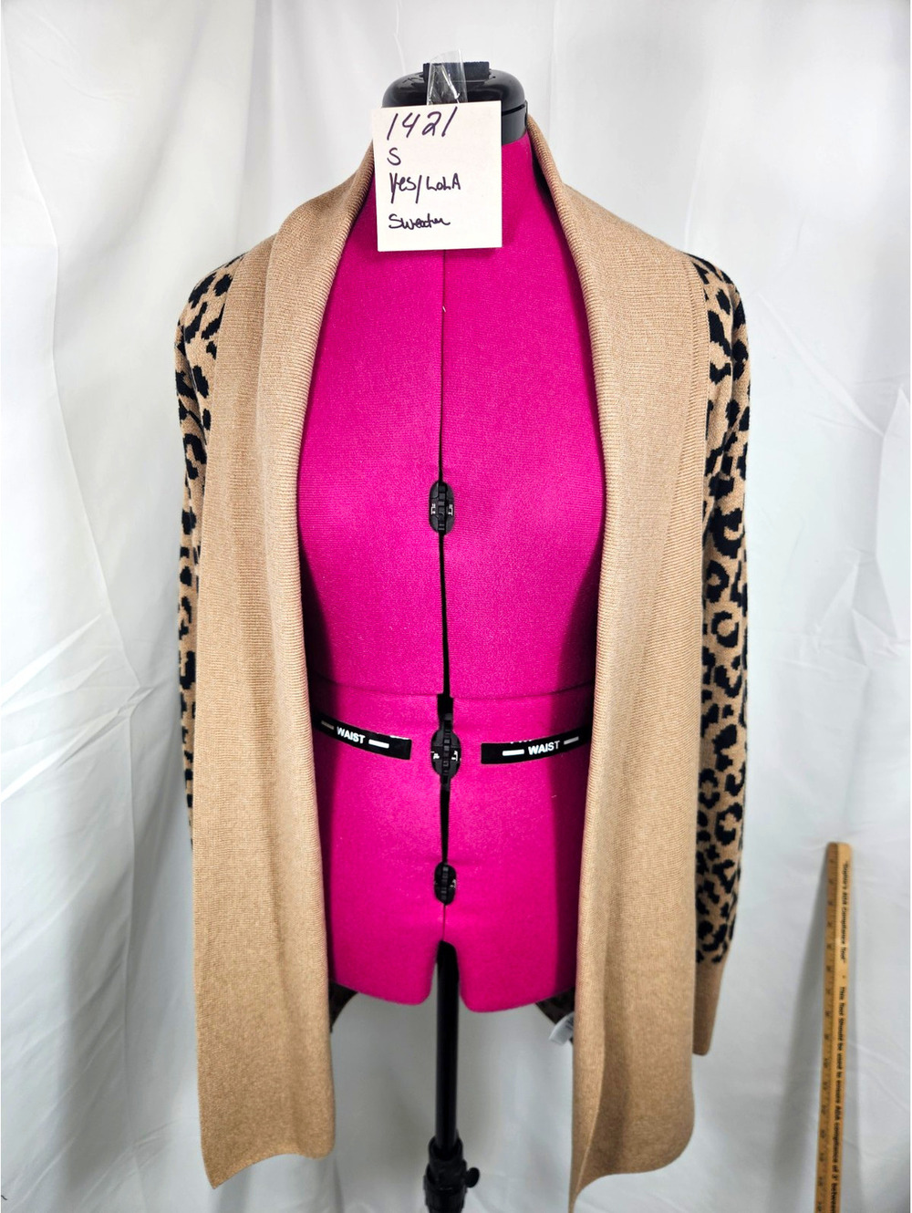 YES LOLA Beige Black Leopard Animal Print Open Front Collared Pocket Knit S